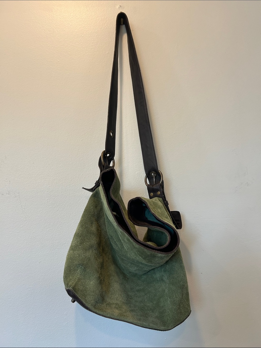 Boden Green Suede Shoulder Bag with Brown Strap